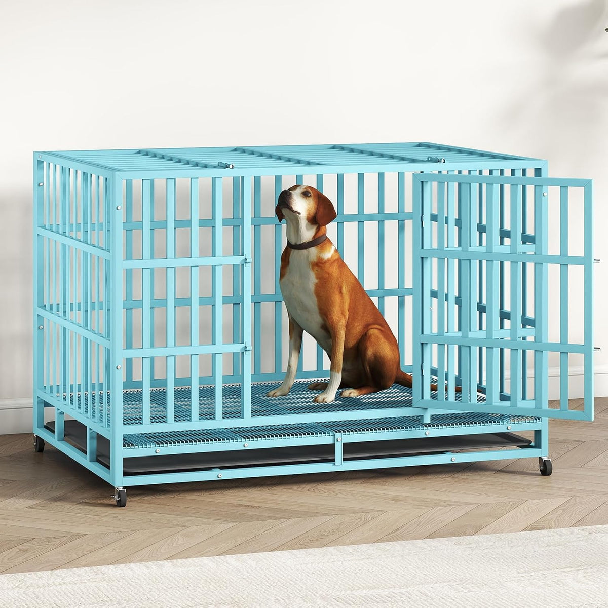 48IN Heavy Duty Dog Crate Steel Escape Proof, Indoor Double Door High Anxiety Cage Removable Tray