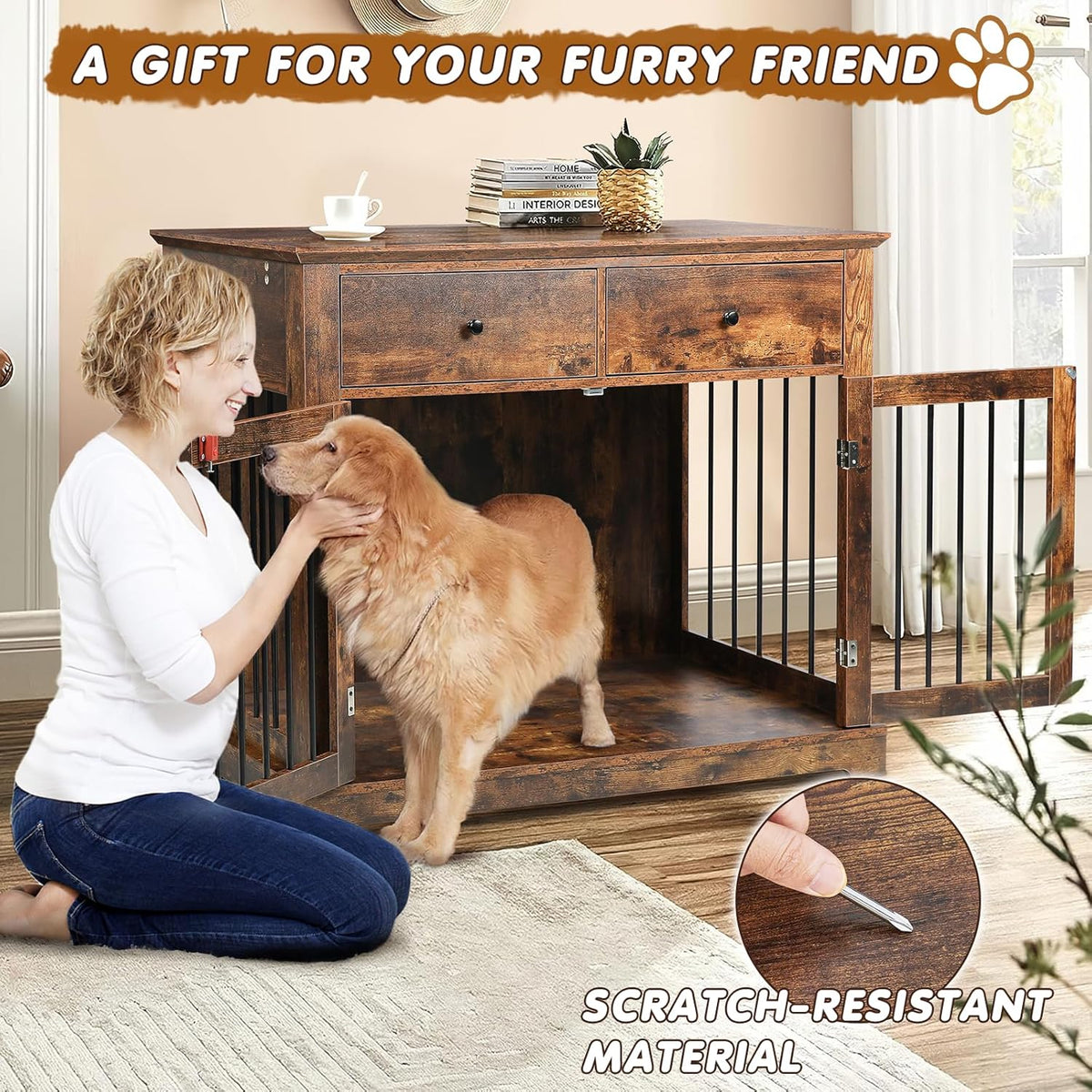 PUKAMI 44inch Dog Crate Furniture with Drawers,Wooden Dog Kennel Furniture for Large Breed,End