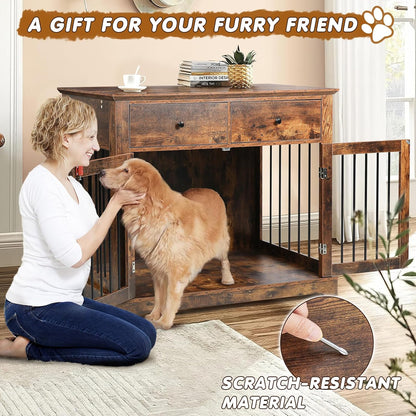 PUKAMI 44inch Dog Crate Furniture with Drawers,Wooden Dog Kennel Furniture for Large Breed,End