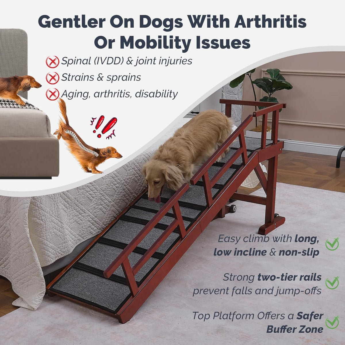 Dog Ramp for Bed or Couch, Wooden Pet Ramp with 20° Gentle Slope, Removable Side Rails, Non-Slip