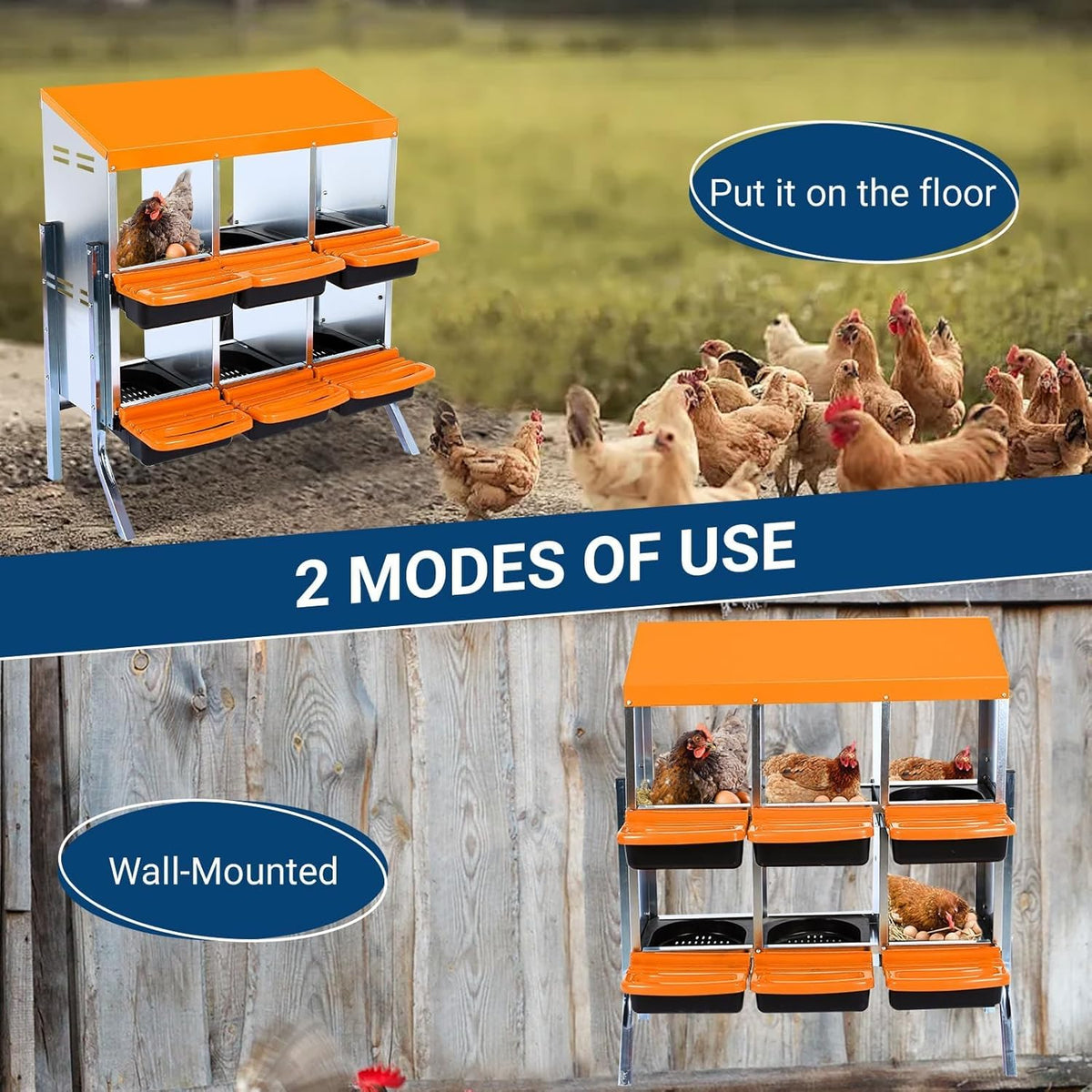 Chicken Nesting Boxes, 6 Hole Metal Chicken Laying Box with with Removable Trays and Roll Out Egg