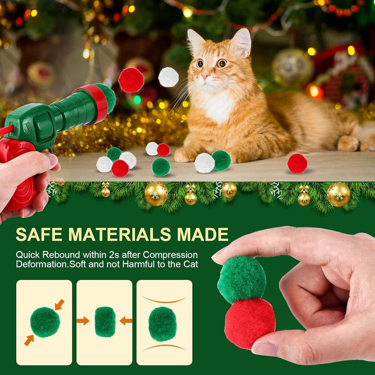 Cat Toy Set (2+60) - Pom Pom Balls & Launchers, Interactive Enrichment Toys