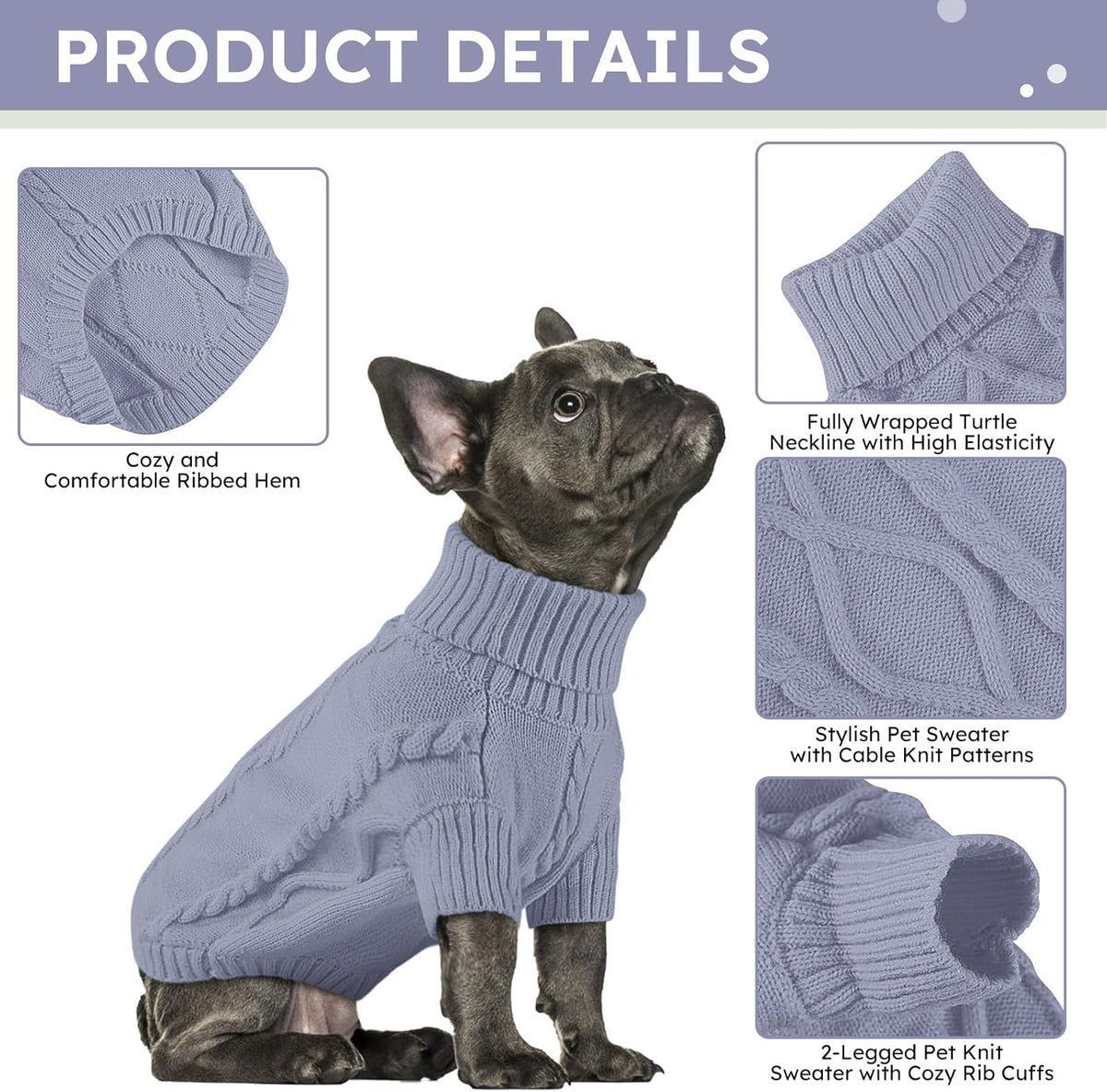 Queenmore Small Dog Pullover Sweater, Cold Weather Cable Knitwear, Classic Turtleneck Thick Warm