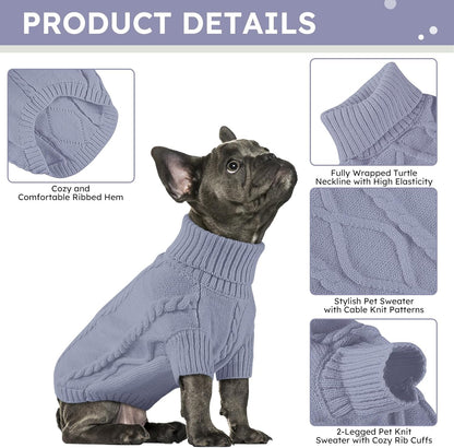 Queenmore Small Dog Pullover Sweater, Cold Weather Cable Knitwear, Classic Turtleneck Thick Warm