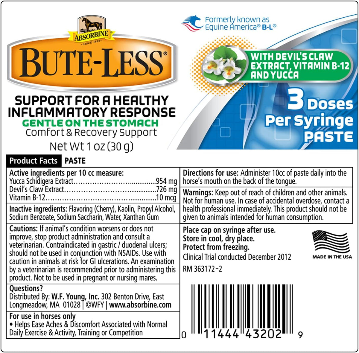 Absorbine Bute-Less Long-Term Horse Comfort & Recovery Supplement Paste, Gentle on Stomach, Devil’s