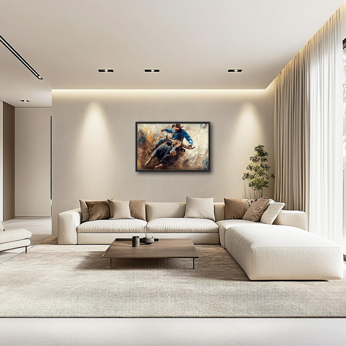 Framed Large Western Cowboy Wall Art, Oversized Rustic Cow Wall Decor for Living Room, Dusty Canvas