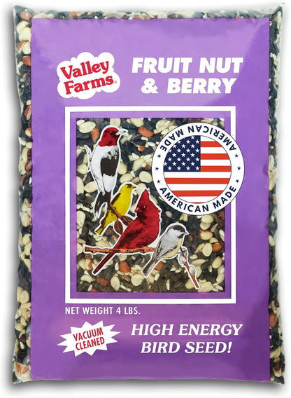 Valley Farms Fruit Nut & Berry (4 LB) Wild Bird Food Outside Feeders, Bird Seed with Dried Fruit