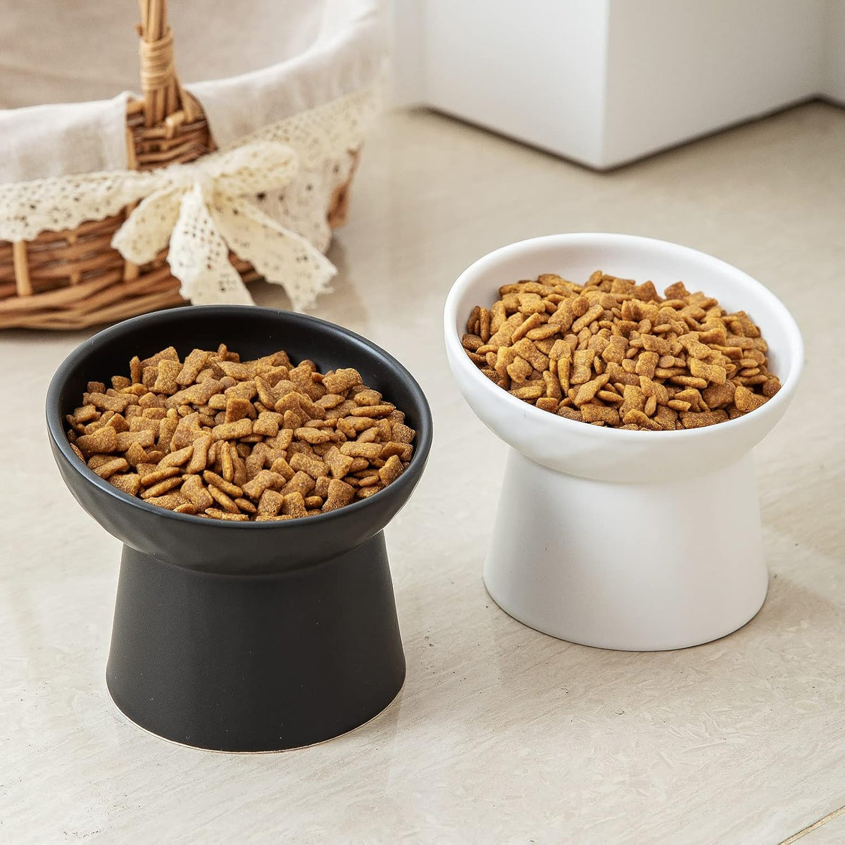 Ceramic Raised Cat Bowls, Elevated Tilted Cat Food and Water Bowls Set, Porcelain Stress Free Pet