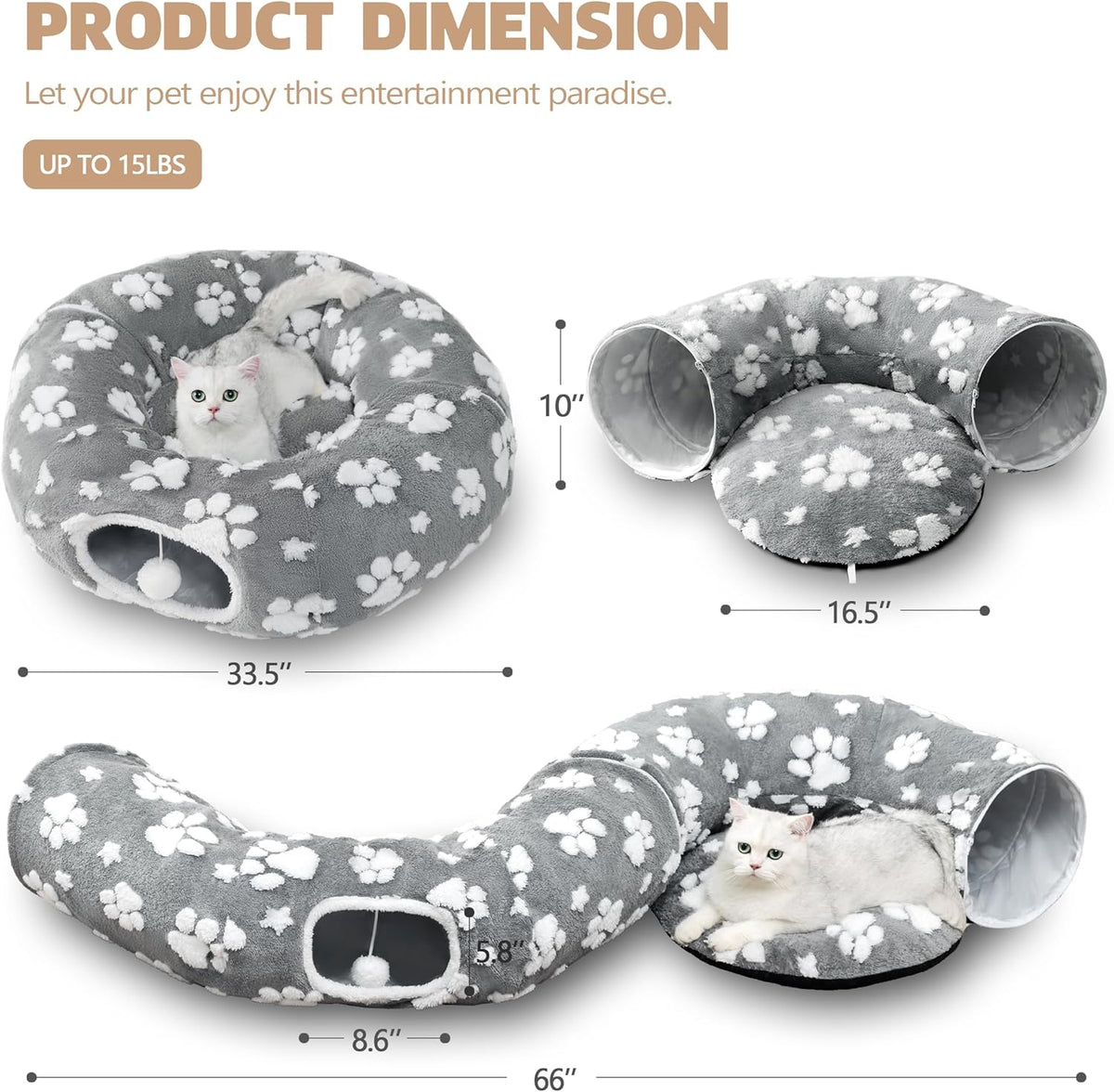 Cat Tunnel for Indoor Cats, Cute Peekaboo Cave with Dangling Balls, Pet Donut Tunnel Bed with
