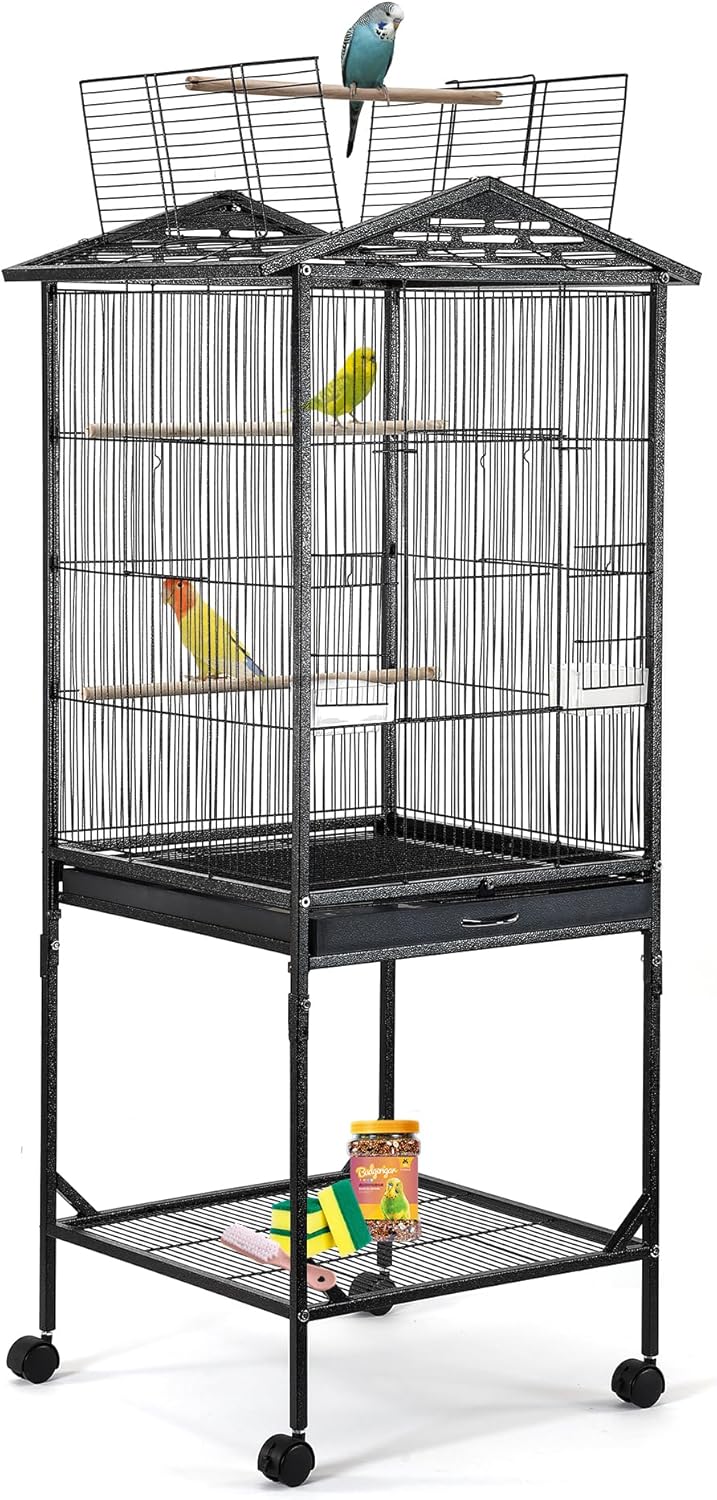 Bird Cage 47 inch Wrought Iron Parakeets Cage with Play Open Top and Rolling Stand Medium Small