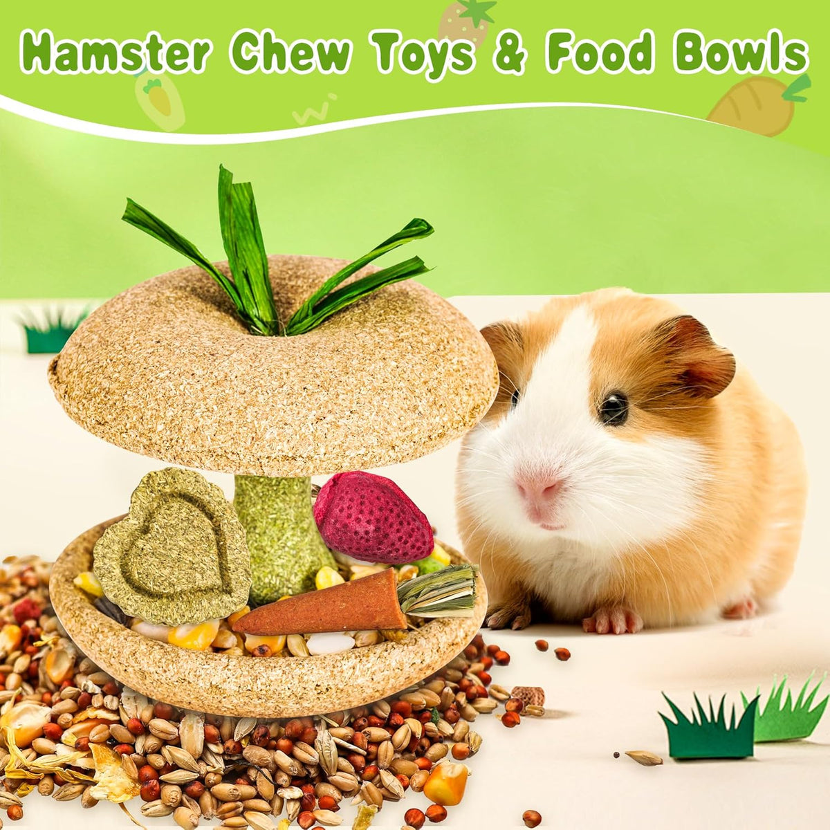 10 PCS Guinea Pig Chew Toys for Teeth, Rabbit Chew Toys Contain Natural Timothy Apple Core, Grass
