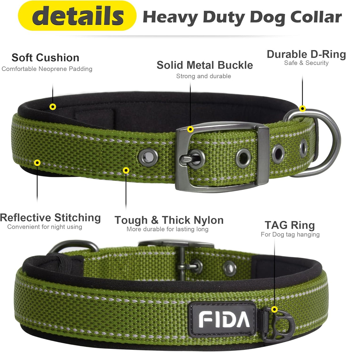 Fida Heavy Duty Dog Collar, Ultra Comfortable Soft Neoprene Padded, Adjustable Reflective Nylon Pet