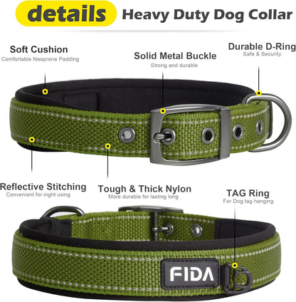 Fida Heavy Duty Dog Collar, Ultra Comfortable Soft Neoprene Padded, Adjustable Reflective Nylon Pet