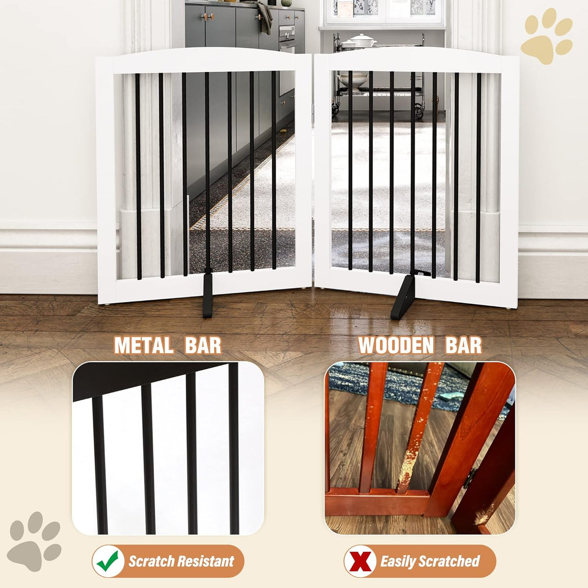 Freestanding Pet Gate for Dogs, Foldable Wooden Dog Gate for House, Indoor Pet Barrier for Stairs