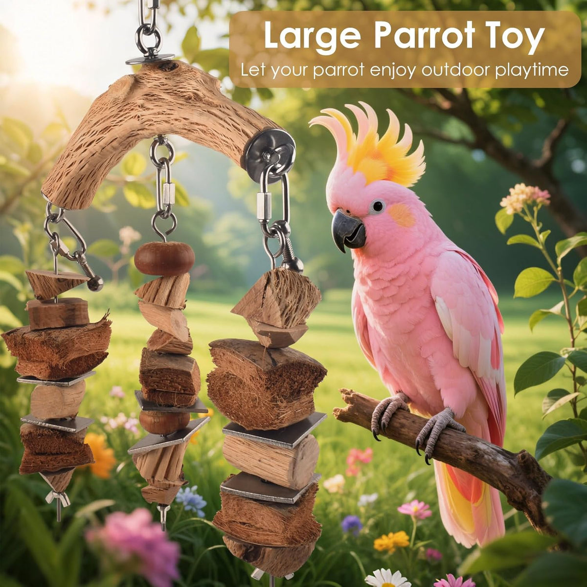 Bird Parrot Toys, Large Birds Wooden Chew Blocks with Stainless Steel Cage Hanging Bite Toy for