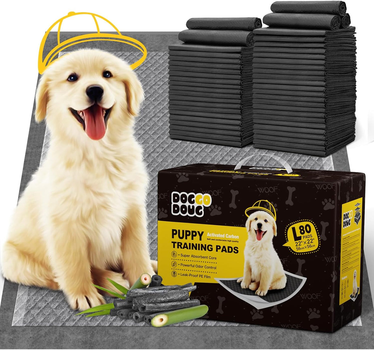 Charcoal Puppy Pads 80 Counts,22"x22" Dog Pee Pads Small Disposable Activated Carbon Super