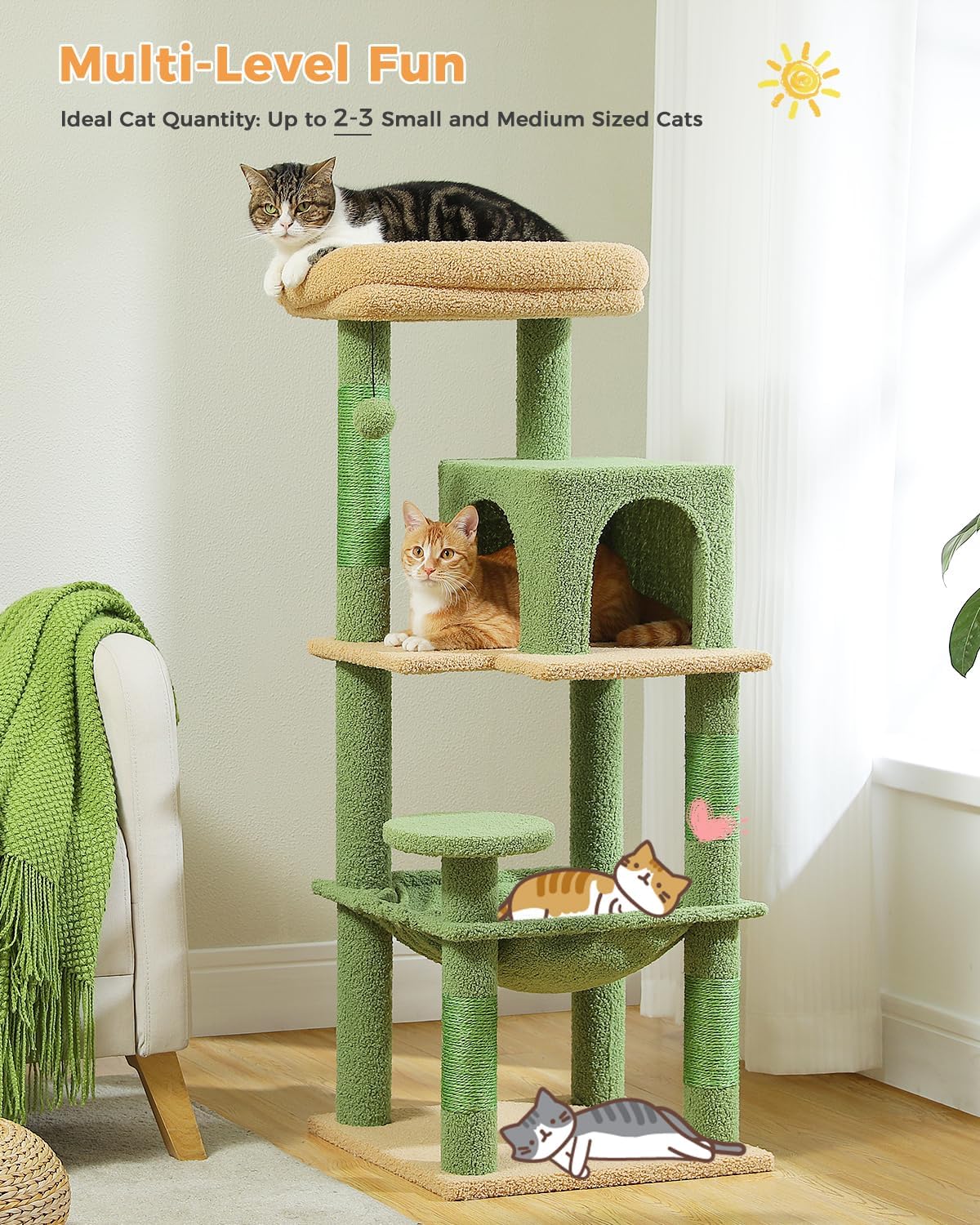 Cactus Cat Tree for Indoor Cats, 45.7" Multi-Level Cat Tower with Large Metal Frame Hammock, Cat