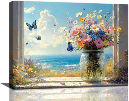 Beach Floral Bathroom Pictures Wall Art, Colorful Flower Bathroom Wall Decor, Coastal Ocean Framed