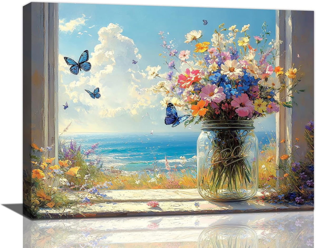 Beach Floral Bathroom Pictures Wall Art, Colorful Flower Bathroom Wall Decor, Coastal Ocean Framed