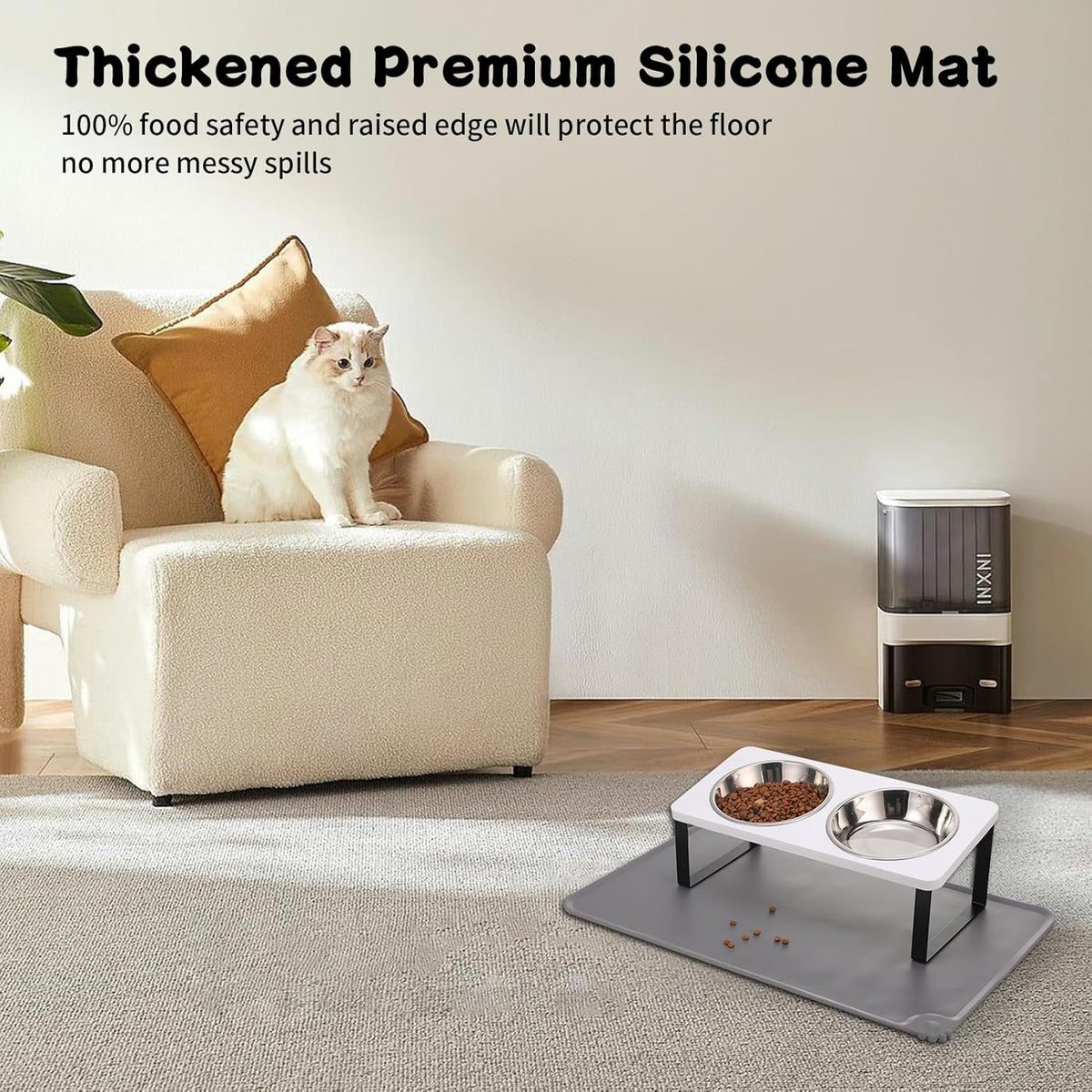 Upgraded Elevated Cat Bowls with Food Mat,15°Tilted Stand Anti Vomiting Raised Cat Dishes for Food
