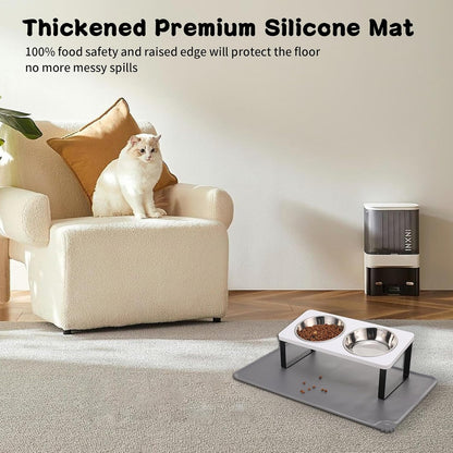 Upgraded Elevated Cat Bowls with Food Mat,15°Tilted Stand Anti Vomiting Raised Cat Dishes for Food