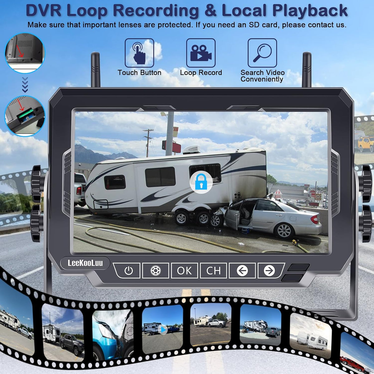 Dual RV Backup Cameras Wireless - Ease Install Plug-Play Recording HD 1080P 7'' Touch Key Monitor
