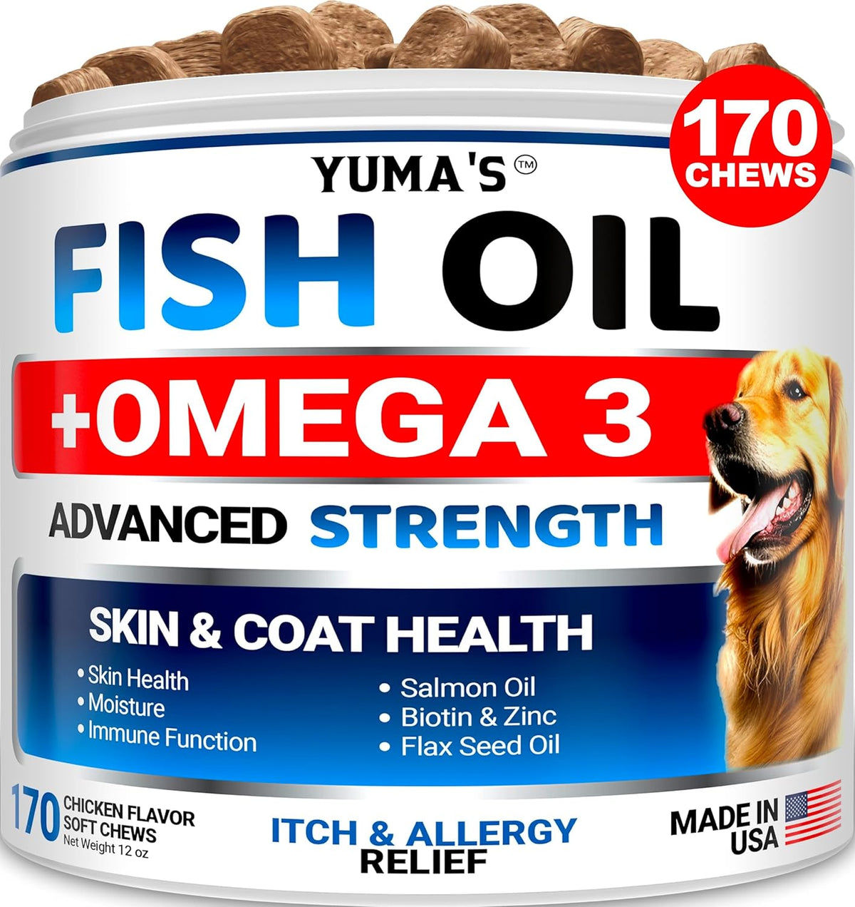 Omega 3 Fish Oil for Dogs - 170 Chews - Skin and Coat Supplement - Omega 3 for Dogs - Dry & Itchy