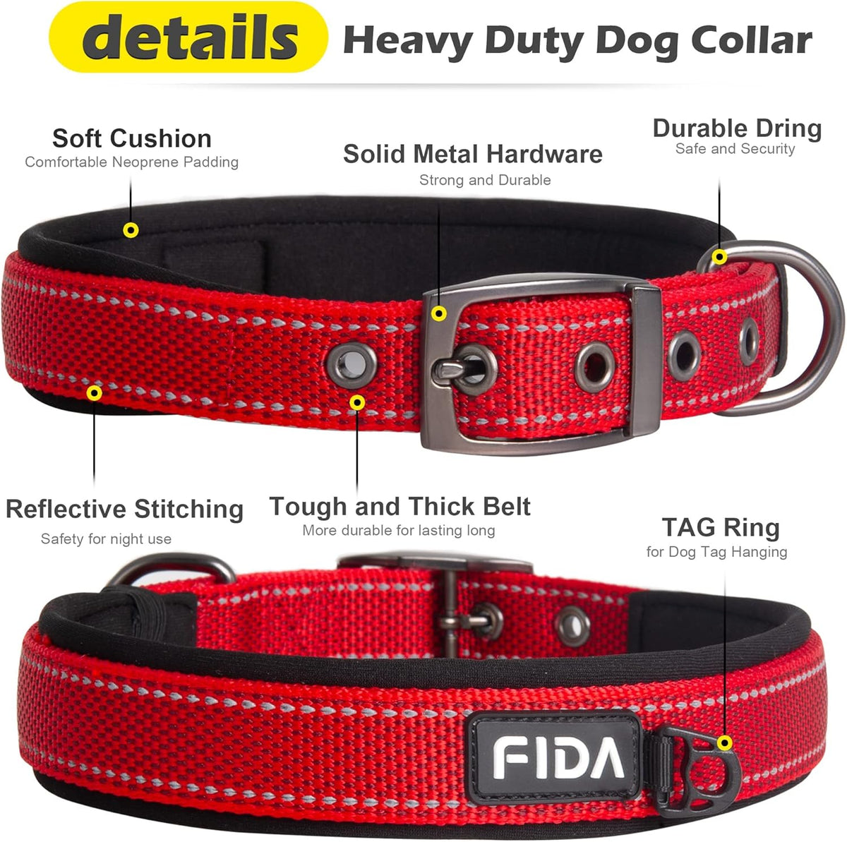 Fida Heavy Duty Dog Collar, Ultra Comfortable Soft Neoprene Padded, Adjustable Reflective Nylon Pet