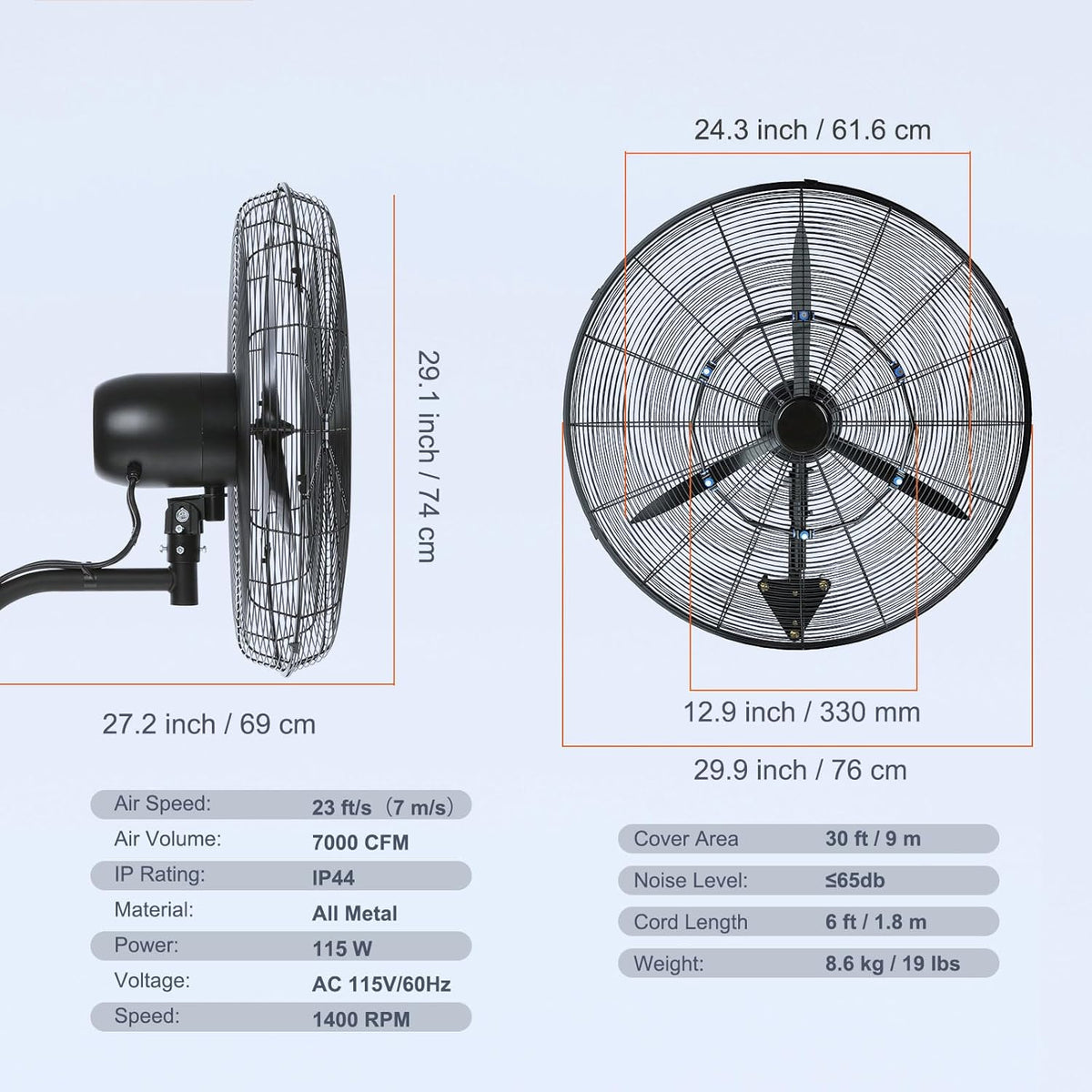 VEVOR 24 Inch 3-Speed 7000 CFM Black Waterproof Wall Mount Oscillating Fan