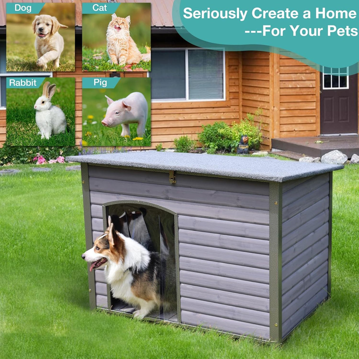 Indoor Outdoor Dog House,Anti-Chewing Iron Frame Dog Kennel,Wood Warm Pets Home,Weatherproof