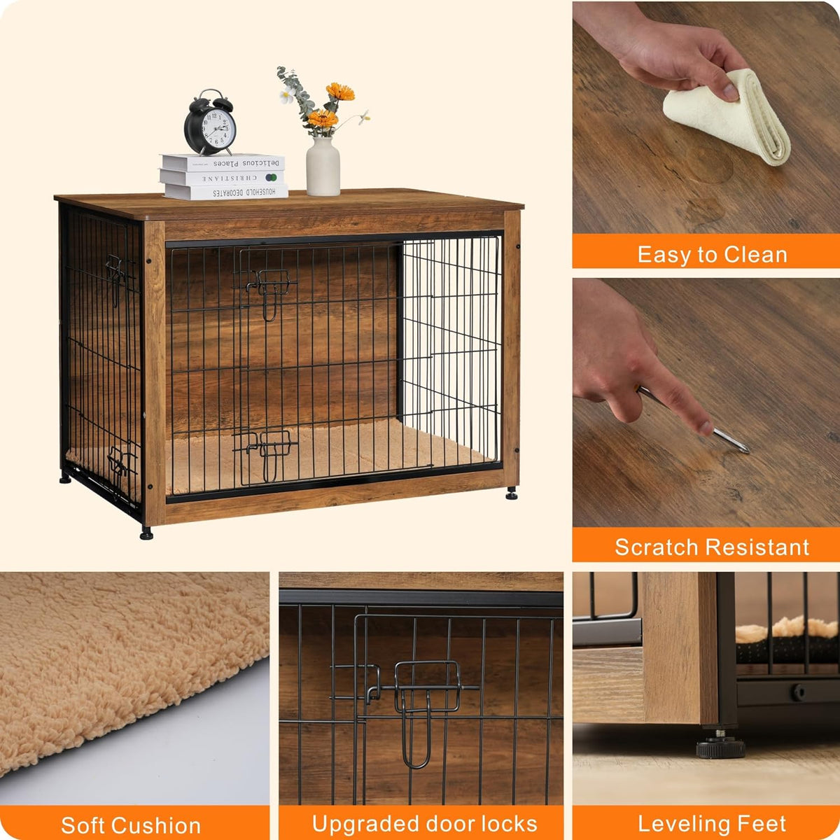 DWANTON Dog Crate Furniture with Cushion, Wooden Kennel Table with Double Doors, Indoor Dog House