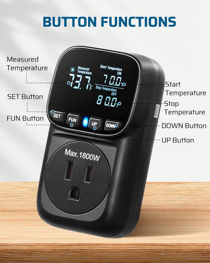 DEWENWILS Digital Temperature Controller, Heavy Duty 15A/1800W Thermostat Outlet Plug, VA Display