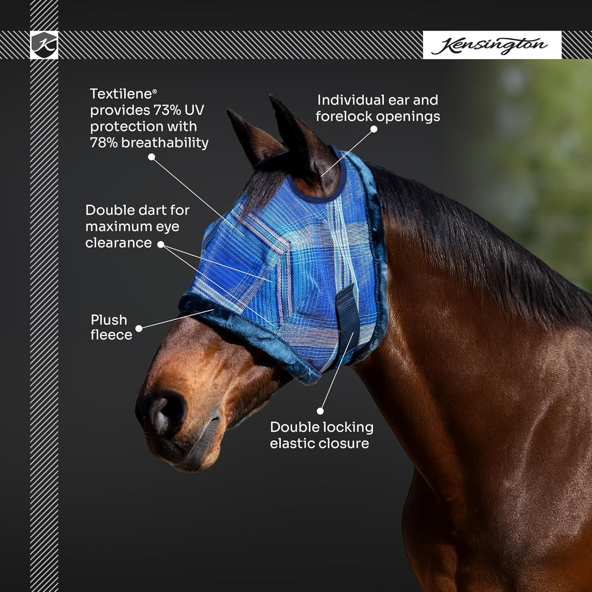 Kensington UV Fly Mask with Fleece Trim - Protective Mask with Dual Ear Opening & Forelock Freedom