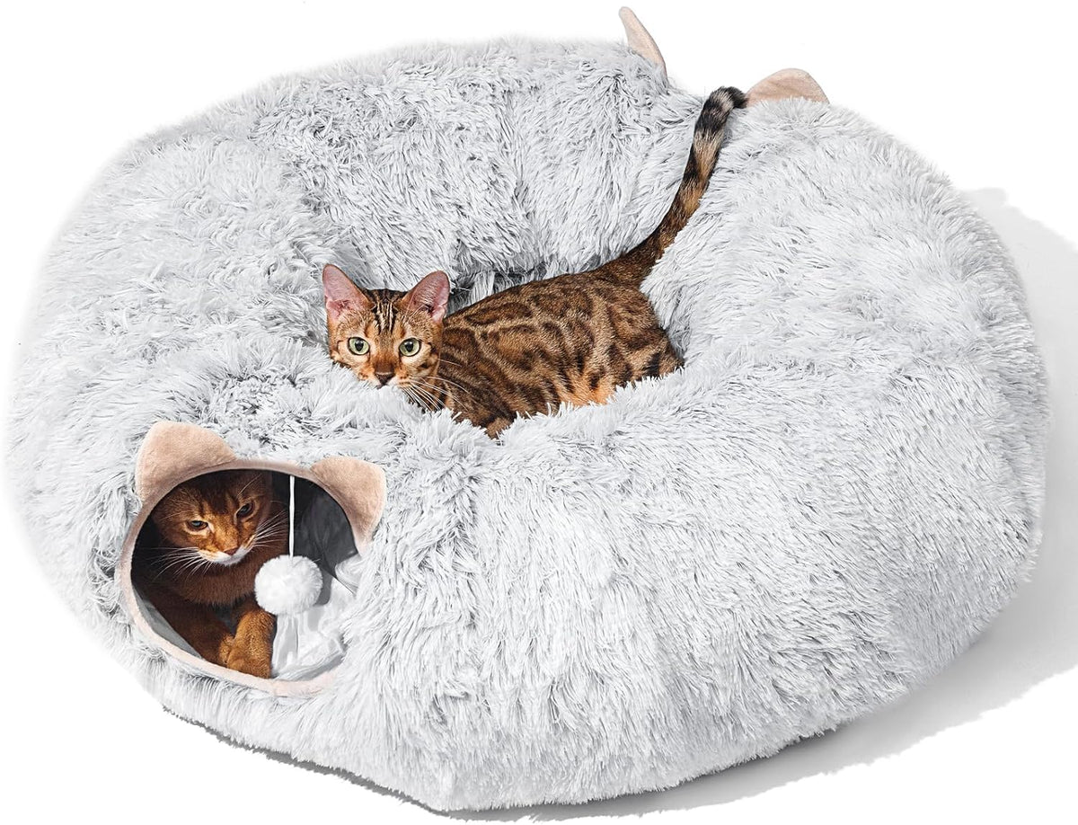 Cat Tunnel with Cat Bed for Indoor Cats, Under Christmas Tree Soft Plush Peekaboo Cat Cave Donut