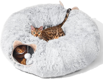 Cat Tunnel with Cat Bed for Indoor Cats, Under Christmas Tree Soft Plush Peekaboo Cat Cave Donut