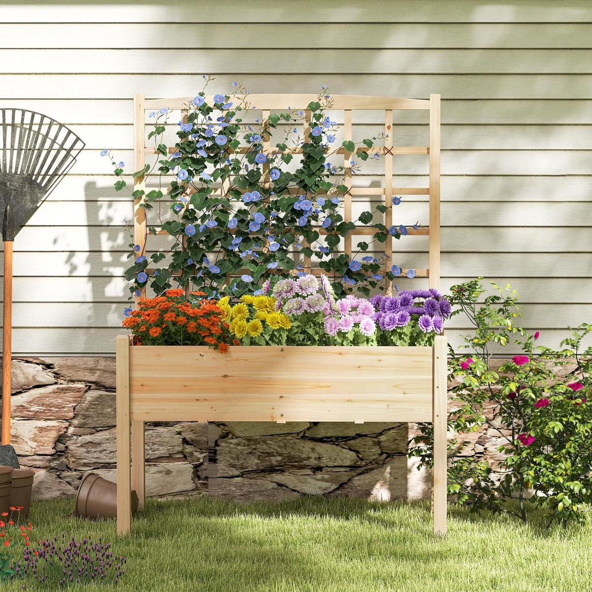 Giantex Raised Garden Bed with Trellis, Wooden Elevated Planter Box with Legs, Drainage Holes for