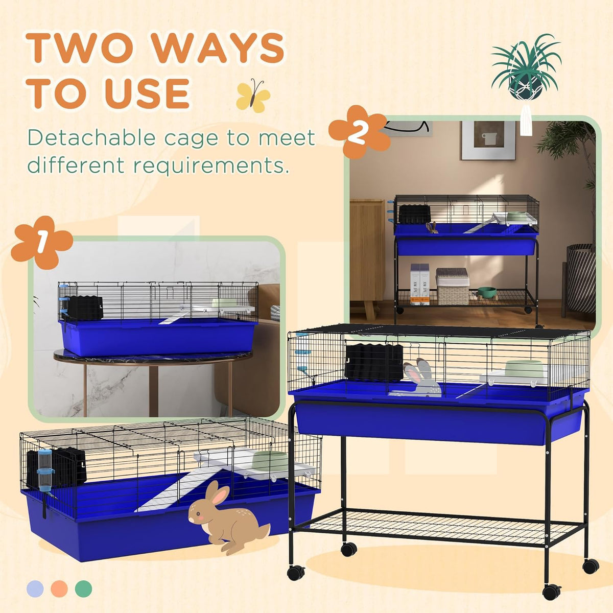 PawHut Two-Story Small Animal Cage Removable from Stand, Guinea Pig Cage with Shelf & Wheels, Pet