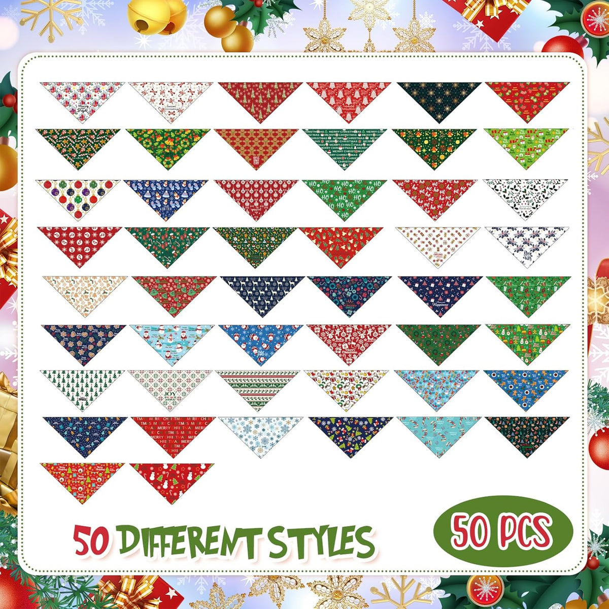 Abbylike 50 Pcs Christmas Dog Bandanas Bulk Pet Scarfs Triangle Bibs Adjustable Washable Puppy
