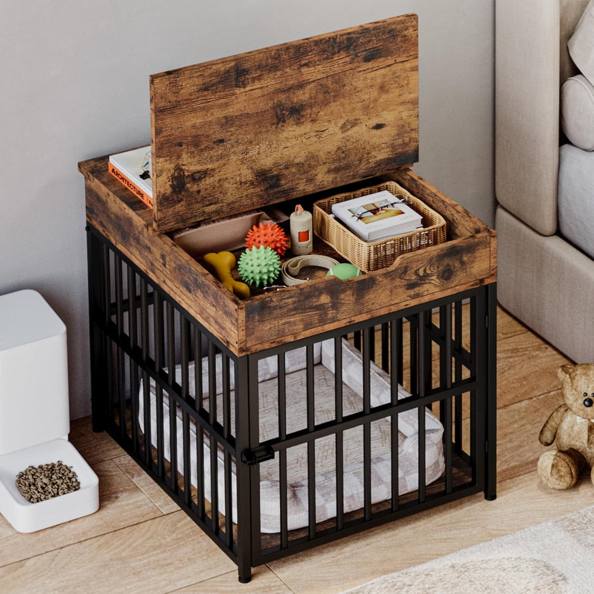 IRONCK Dog Crate Furniture for Small Dogs, Wooden Dog Kennel with Flip Top Drawer, Indoor Pet Crate