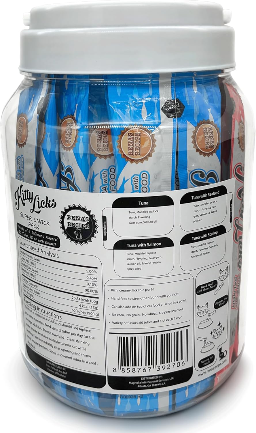 Rena's Recipe Kitty Licks Tuna Barrel (60 Tubes) 4 flavorsX 15 Tubes Cream Lickable Cat Treats 4