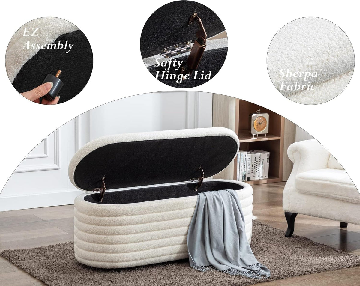 Storage Teddy Ottoman Bench Upholstered Fabric Storage Bench End of Bed Stool with Safety Hinge for