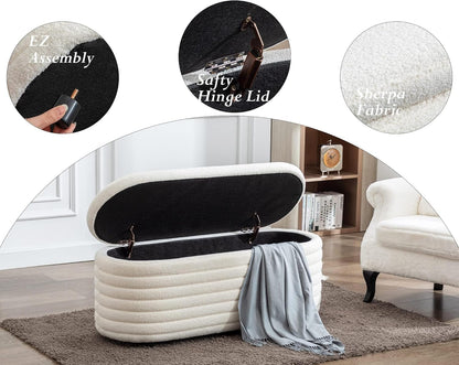 Storage Teddy Ottoman Bench Upholstered Fabric Storage Bench End of Bed Stool with Safety Hinge for