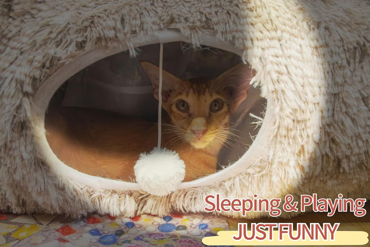 XxingSheep XL Cat Tunnel with Bed for Indoor Cats Peekaboo Cat Cave Donut Toy with Warm