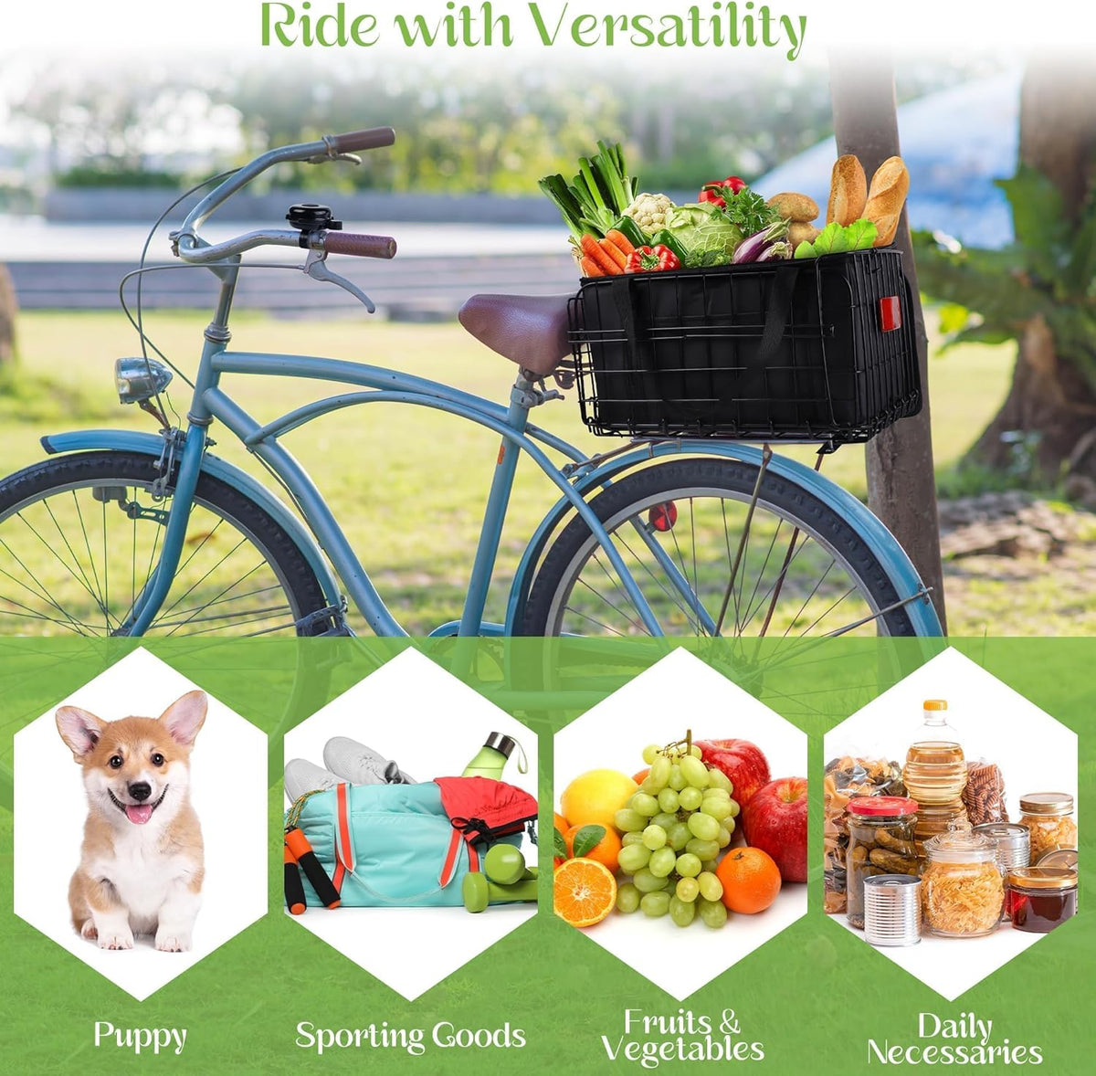 Aodaer Bike Basket with Removable Liner Bag Cargo Net Large Folding Bike Basket Quick Release Metal