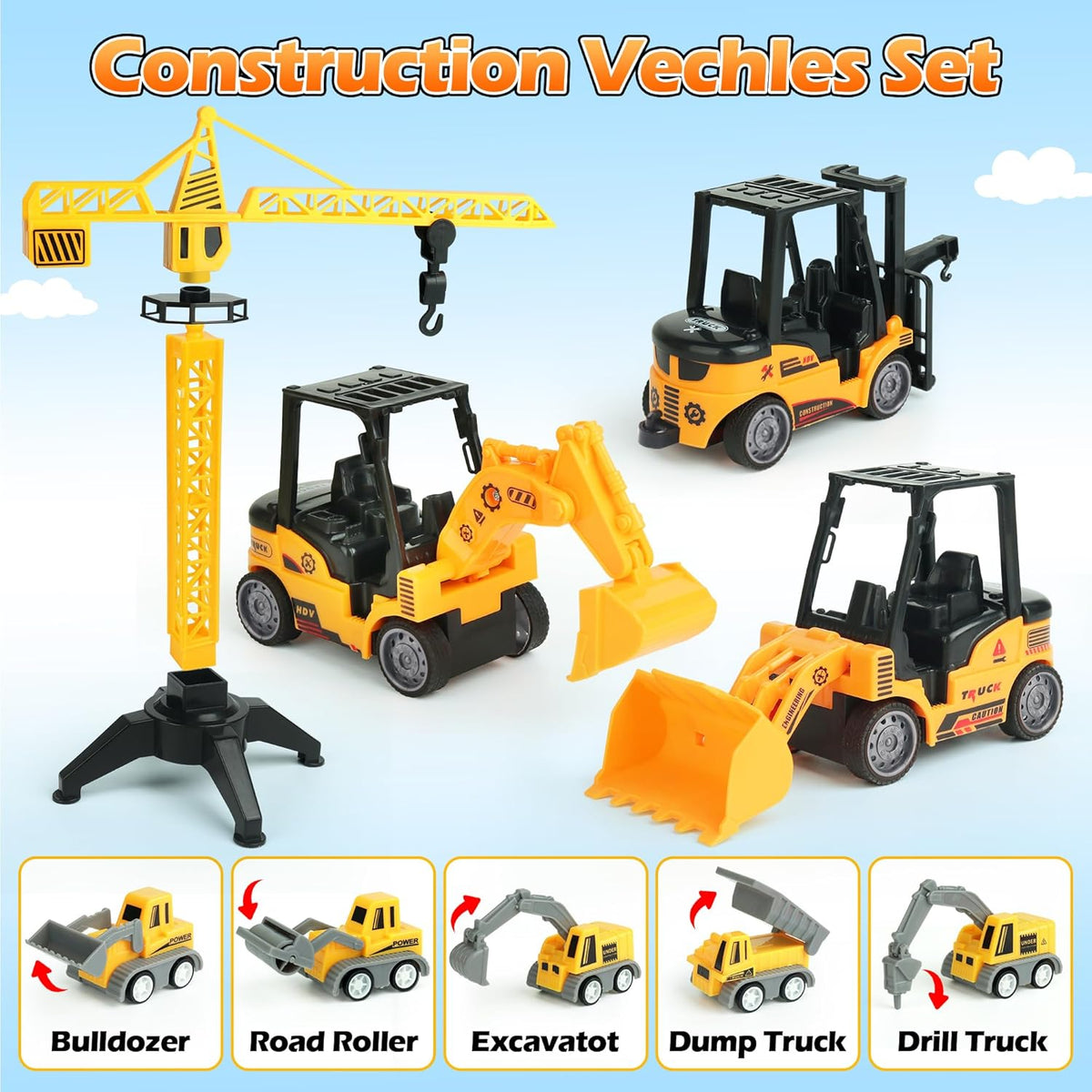 Sand Construction Site Kit - 37 Pcs Play Sand Art Kit with 8 Construction Trucks, Folding Sandbox
