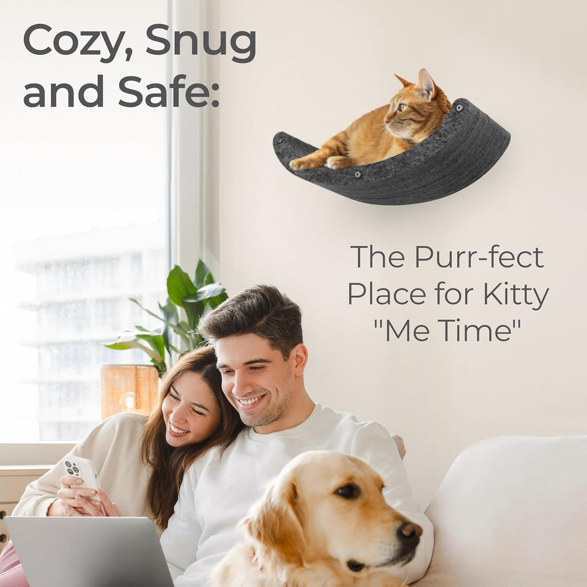 Wall Mounted Cat Hammock Bed by Pryde Pets - Floating Perch Curved Shelf, 100% Sustainable PET Felt