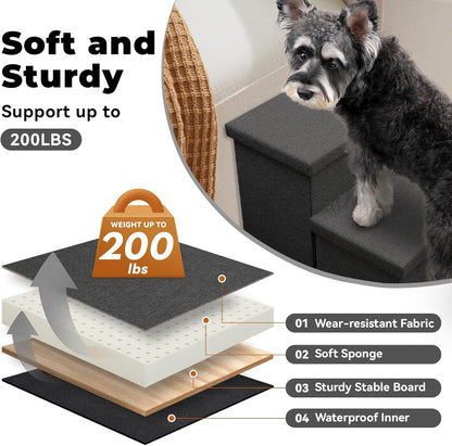 Dog Stairs with Storage 18" H, 3-Step Wider Dog Steps for Small/Medium/Large Old Dogs Cats, Folding