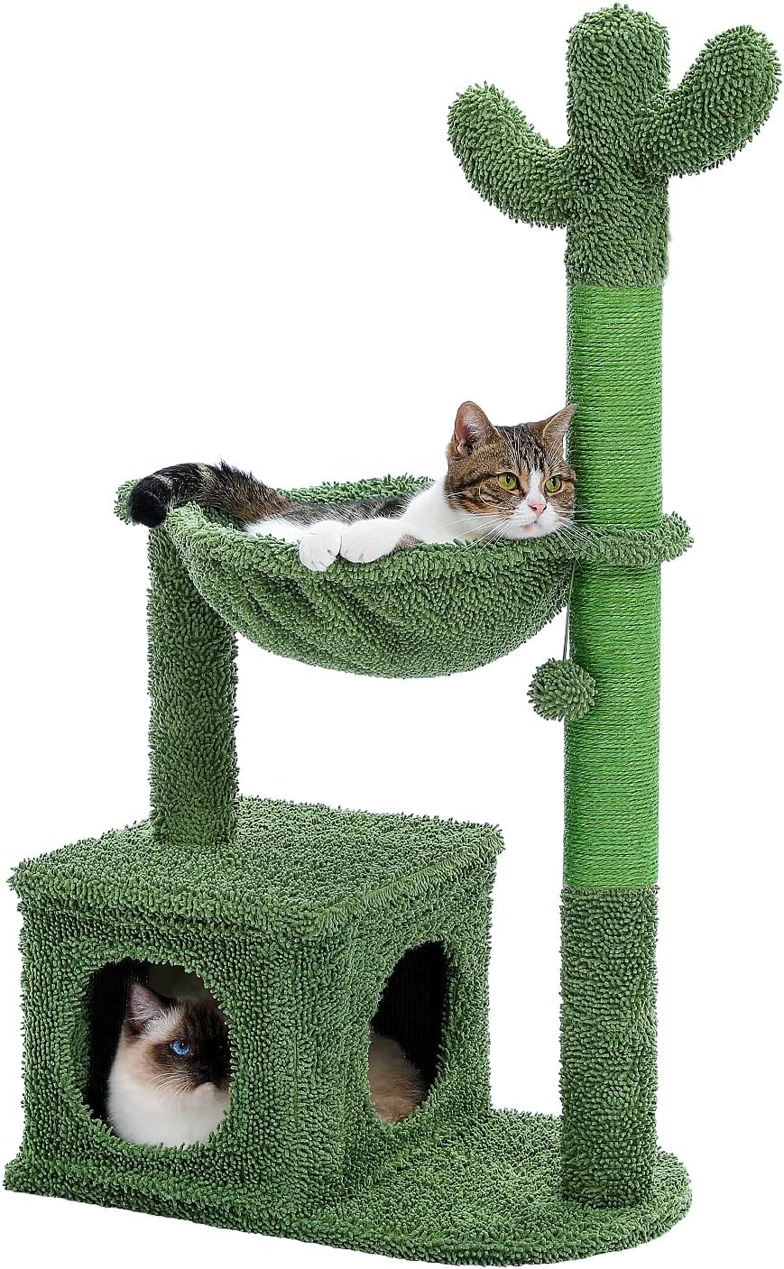 Cactus Cat Tree 40" Cat Tower with Large Metal Carpet Hammock, Cat Scratching Post for Indoor Cats
