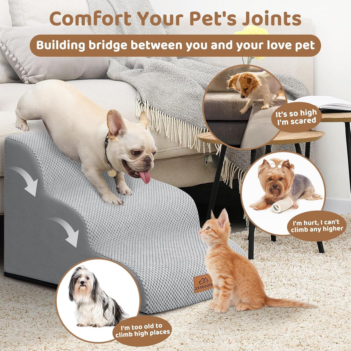 Dog Ramp and Stair for Bed 16" H-20 H,3-Step Cat Stair for Sofa and Chair,4-Step Dog Ramp for High