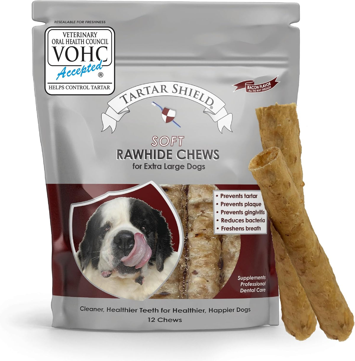 Tartar Shield Soft Rawhide Chews | Safe Dental Treats for Large Dogs | Vet VOHC Approved | Daily